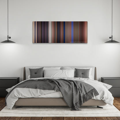 Chasing Amy color palette canvas above a bed, between two black pendant lamps