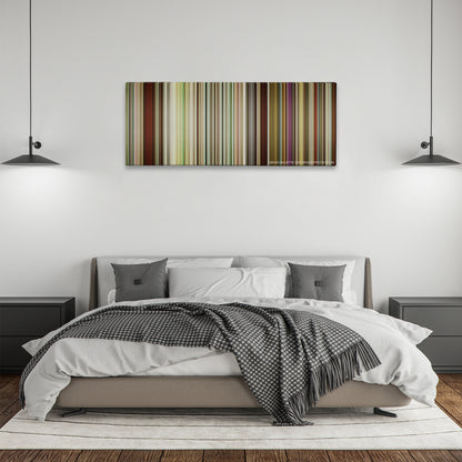 Logan Lucky color palette canvas above a bed, between two black pendant lamps