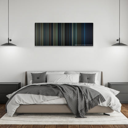 Into the Woods color palette canvas above a bed, between two black pendant lamps