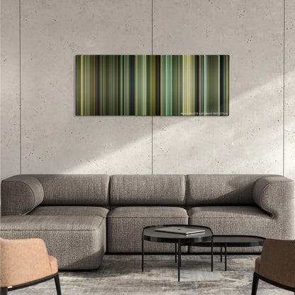 Never Let Me Go color palette canvas on a concrete wall above a gray sectional sofa