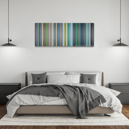 Ghost in the Shell color palette canvas above a bed, between two black pendant lamps