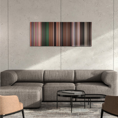 Scary Movie 3 color palette canvas on a concrete wall above a gray sectional sofa