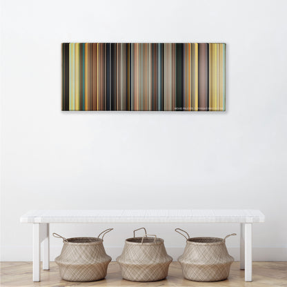 127 Hours color palette canvas above a white bench with three woven baskets