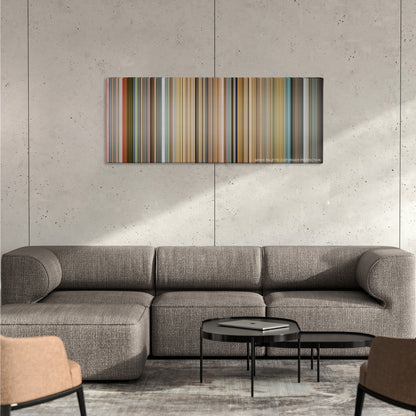 Good Bye Lenin! color palette canvas on a concrete wall above a gray sectional sofa
