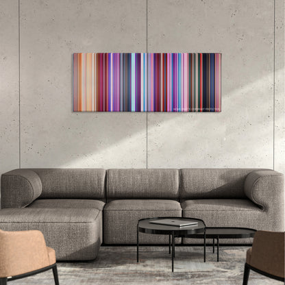 The Lego Movie 2: The Second Part color palette canvas on a concrete wall above a gray sectional sofa