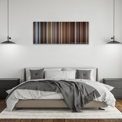Seven Years in Tibet color palette canvas above a bed, between two black pendant lamps