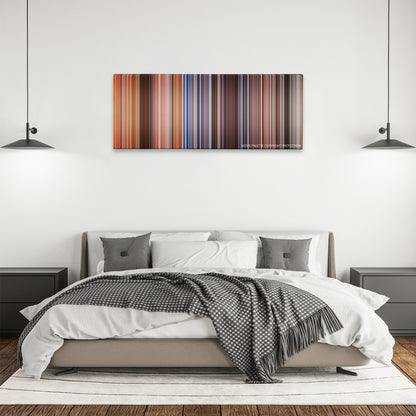 Cool Runnings color palette canvas above a bed, between two black pendant lamps