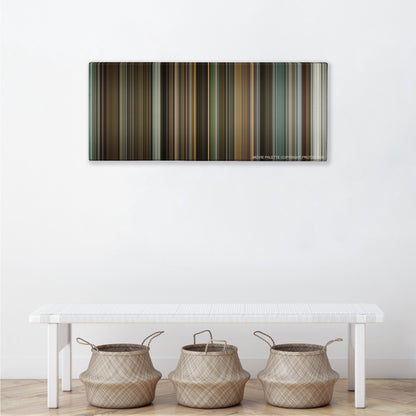 The Lives of Others color palette canvas above a white bench with three woven baskets