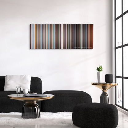 Stay color palette canvas above a black sofa with a gold-topped table