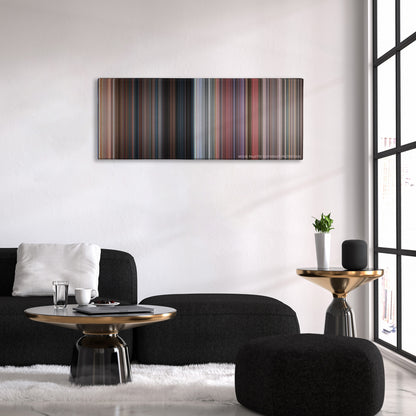 Death Proof color palette canvas above a black sofa with a gold-topped table