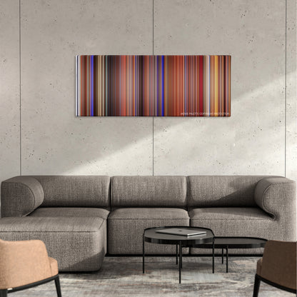 All About My Mother color palette canvas on a concrete wall above a gray sectional sofa