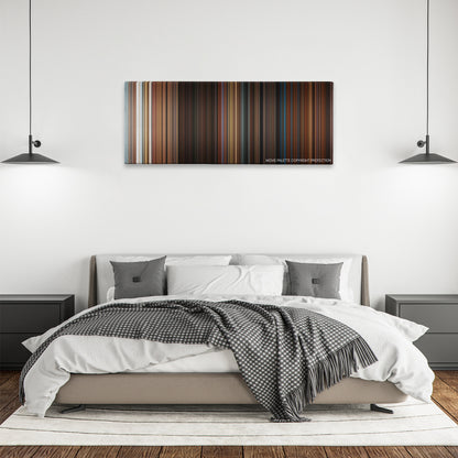 The Poseidon Adventure color palette canvas above a bed, between two black pendant lamps