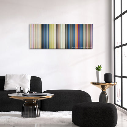 The Aristocats color palette canvas above a black sofa with a gold-topped table