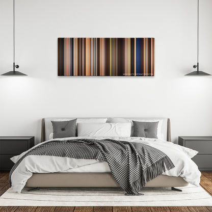 The Ghost and the Darkness color palette canvas above a bed, between two black pendant lamps
