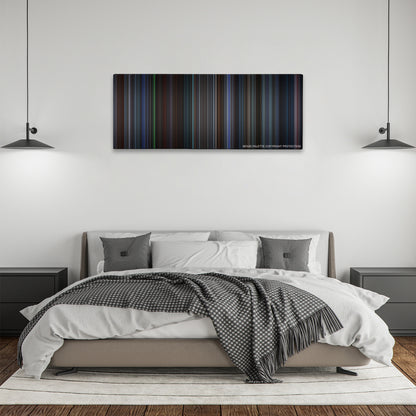 The Recruit color palette canvas above a bed, between two black pendant lamps