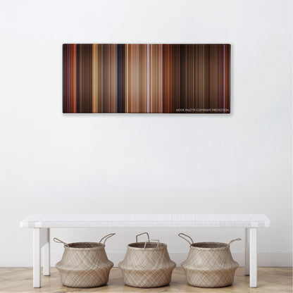 The Birdcage color palette canvas above a white bench with three woven baskets