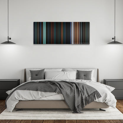 Escape from New York color palette canvas above a bed, between two black pendant lamps