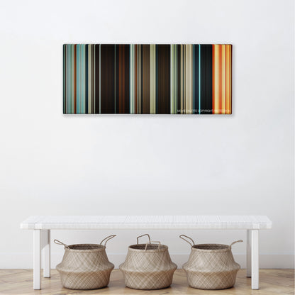 Macbeth color palette canvas above a white bench with three woven baskets