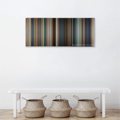 Baby Driver color palette canvas above a white bench with three woven baskets