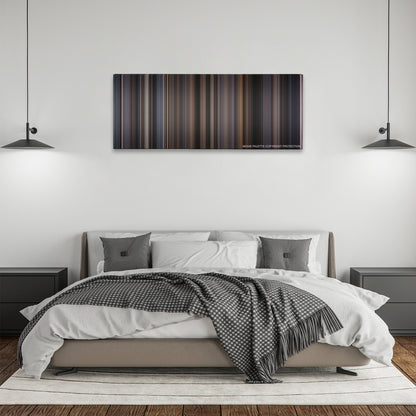 Rocky V color palette canvas above a bed, between two black pendant lamps