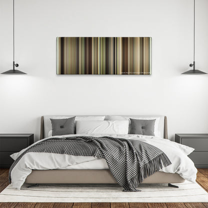 Chariots of Fire color palette canvas above a bed, between two black pendant lamps