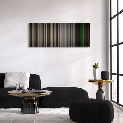 Zero Dark Thirty color palette canvas above a black sofa with a gold-topped table
