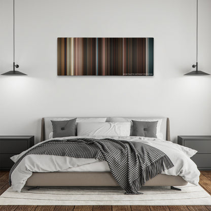 Scream 4 color palette canvas above a bed, between two black pendant lamps