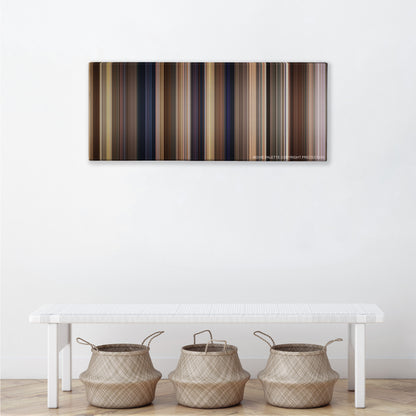 Yes Man color palette canvas above a white bench with three woven baskets