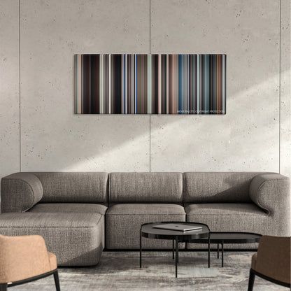 The Last Song color palette canvas on a concrete wall above a gray sectional sofa