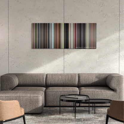 Enter the Dragon color palette canvas on a concrete wall above a gray sectional sofa