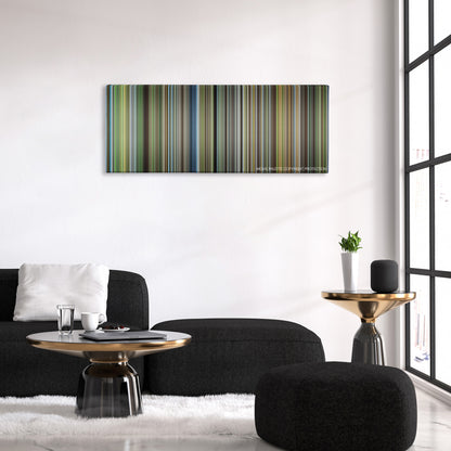 The New World color palette canvas above a black sofa with a gold-topped table