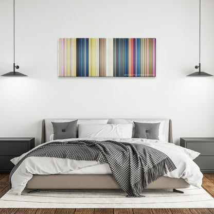 The Aristocats color palette canvas above a bed, between two black pendant lamps