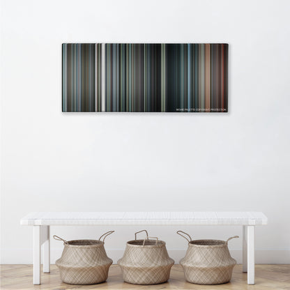 Inside Man color palette canvas above a white bench with three woven baskets