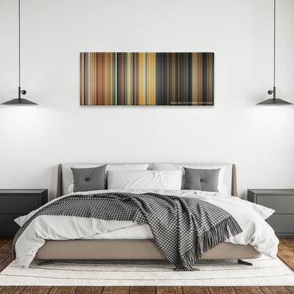 The Producers color palette canvas above a bed, between two black pendant lamps