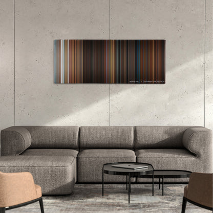 The Poseidon Adventure color palette canvas on a concrete wall above a gray sectional sofa