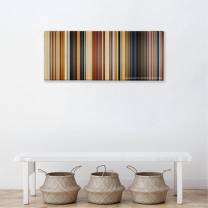 Paddington 2 color palette canvas above a white bench with three woven baskets