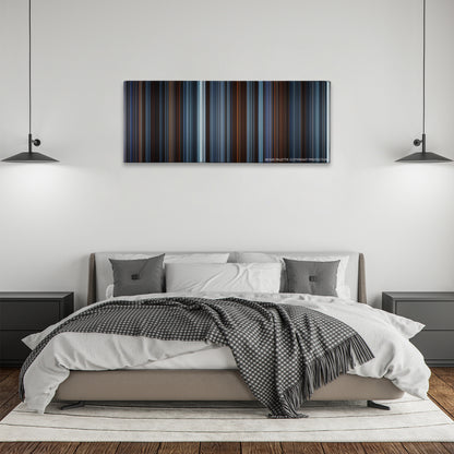 Reign of Fire color palette canvas above a bed, between two black pendant lamps