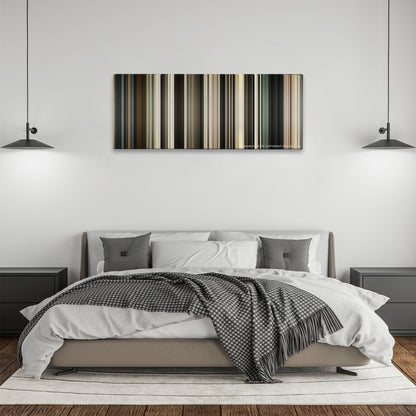 The Men Who Stare at Goats color palette canvas above a bed, between two black pendant lamps