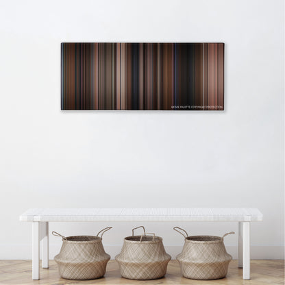 Moonstruck color palette canvas above a white bench with three woven baskets