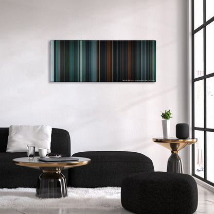 Alien: Covenant color palette canvas above a black sofa with a gold-topped table