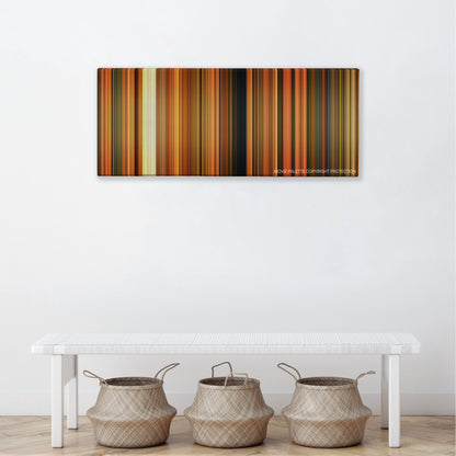 Curse of the Golden Flower color palette canvas above a white bench with three woven baskets