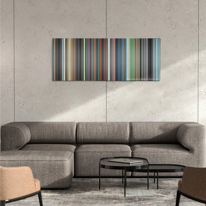 Castle in the Sky color palette canvas on a concrete wall above a gray sectional sofa