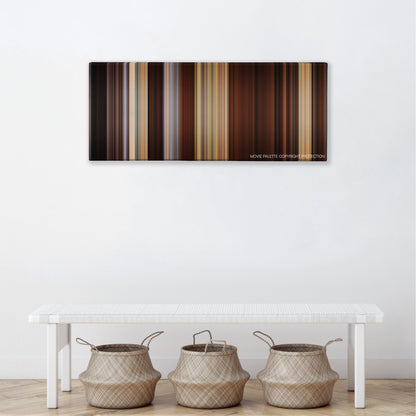 Django Unchained color palette canvas above a white bench with three woven baskets
