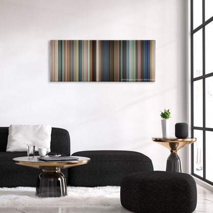 Baby Driver color palette canvas above a black sofa with a gold-topped table