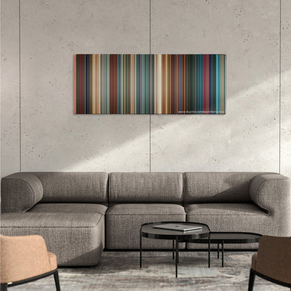 Birds of Prey color palette canvas on a concrete wall above a gray sectional sofa