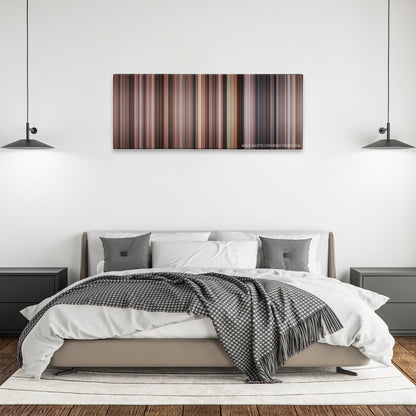 Benny & Joon color palette canvas above a bed, between two black pendant lamps