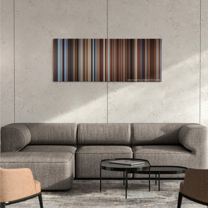 Seven Years in Tibet color palette canvas on a concrete wall above a gray sectional sofa