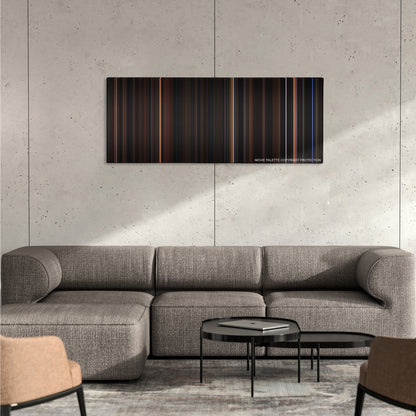 Interview with the Vampire: The Vampire Chronicles color palette canvas on a concrete wall above a gray sectional sofa