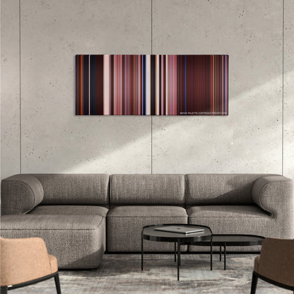 The Scorpion King color palette canvas on a concrete wall above a gray sectional sofa