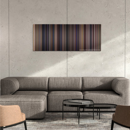 Almost Famous color palette canvas on a concrete wall above a gray sectional sofa